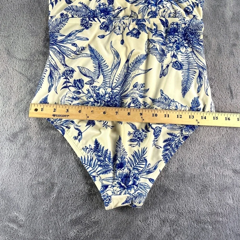 One Piece Swimsuit M Blue Cream Toile Floral Tie Strap Coastal Botanical Toile